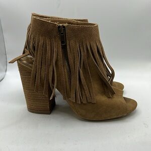Carlos Jasper Ankle Bootie Sandals Shoes Fringe Leather Womens 7 M Brown Tan